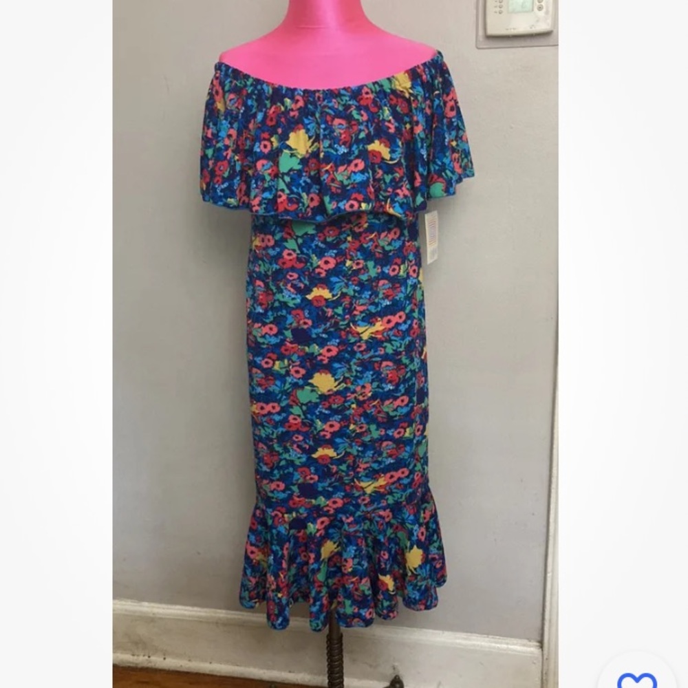8-2 New Lularoe Cici Flounce Dress Blue Medium NWT Ruffle Off shoulder